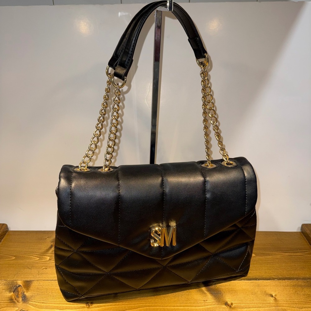 Steve Madden Bcoleman Black Quilted Puffy Chain Shoulder Crossbody Bag Gold Tone